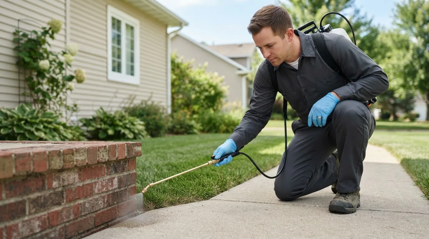 Pest control technician treating a home near Inkster, MI